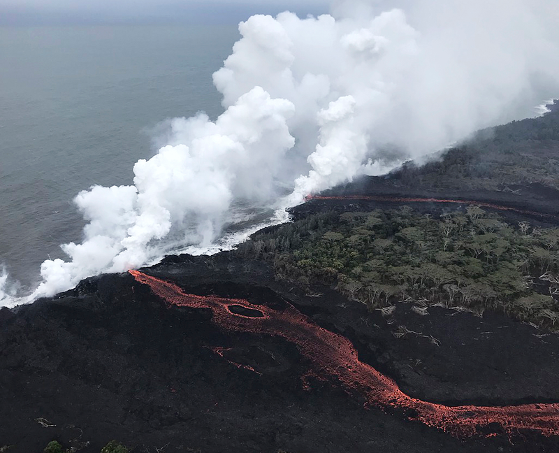 Lava entering the sea at two locations near Pahoa, Hawaii, on May 21, 2018.